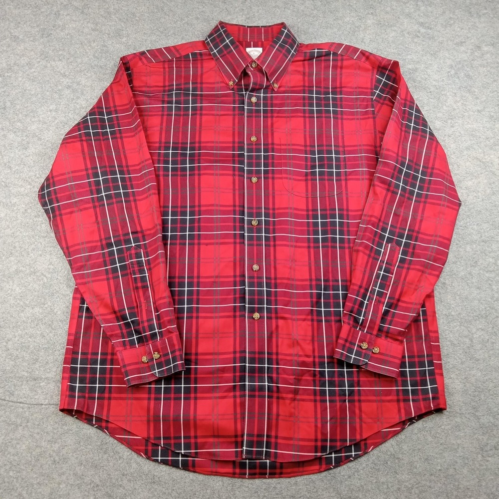 Brooks Brothers Shirt Mens Large Red Black Buffalo Plaid Non Iron Button Front